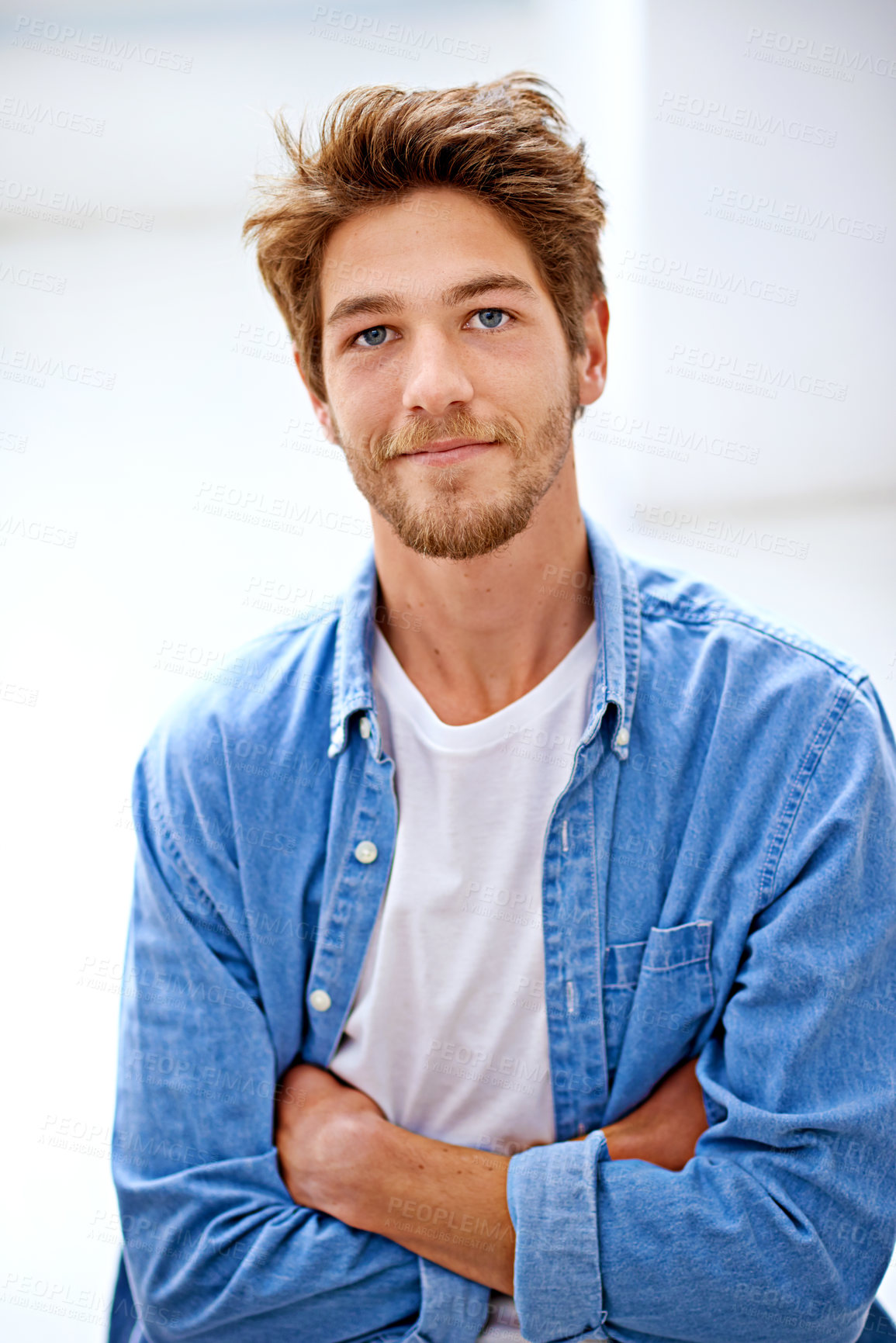 Buy stock photo Happy, confidence and portrait of male person, fashion and stylish isolated on studio background. Smile, handsome and trendy outfit for Canadian man designer, friendly and arms crossed for relax