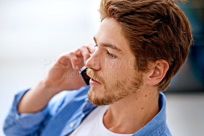 Buy stock photo Phone call, conversation and man in home for chat, communication or listening to contact. Smartphone, talking and serious person on mobile for news, discussion or thinking to network in apartment