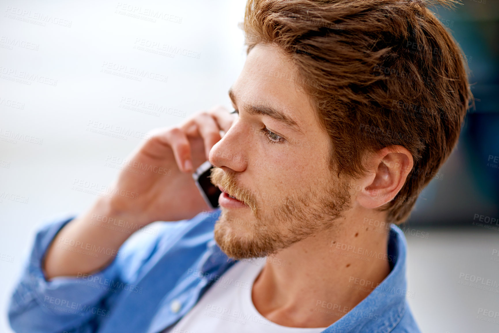 Buy stock photo Phone call, conversation and man in home for chat, communication or listening to contact. Smartphone, talking and serious person on mobile for news, discussion or thinking to network in apartment