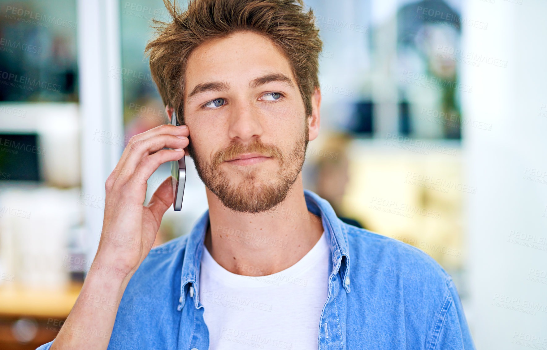 Buy stock photo Phone call, talking and man in home for chat, communication or listening to contact. Smartphone, conversation and serious person on mobile for news, discussion or network for connection in apartment