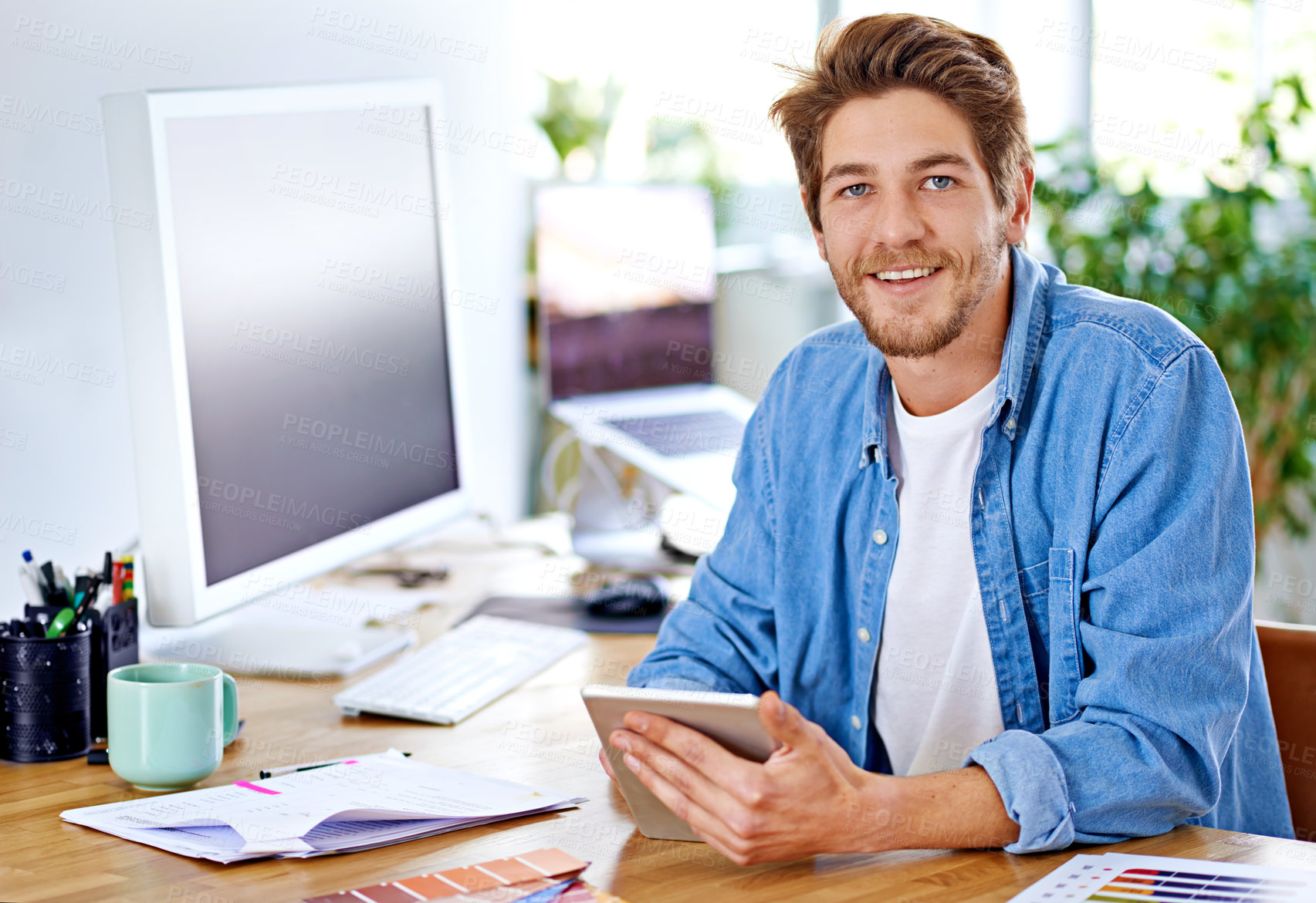 Buy stock photo Portrait, office and man with smile, tablet and technology for social media, networking and internet. Creative, male person and staff for remote, working and happiness for career as author on desk