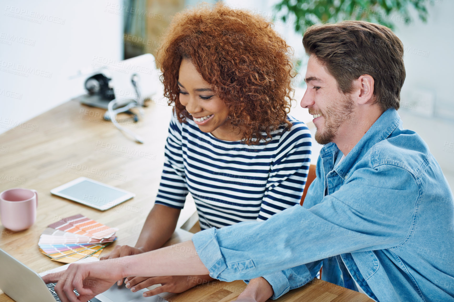 Buy stock photo Teamwork, office and happy with swatch palette, diversity colleagues at desk on technology for interior design. Partnership, strategy and working, collaboration and professional sitting together