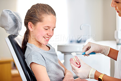 Buy stock photo Dentures, child and dentist with toothbrush for teaching on oral hygiene, gum disease and dental care. Consultation, girl and hands of orthodontist holding teeth for cleaning, treatment and wellness