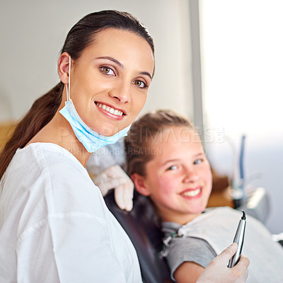 Buy stock photo Portrait, dentist and woman with tools for happy child in medical exam, orthodontics or cleaning teeth. Face, smile and dental doctor with kid for tooth care, oral health or pediatrician with laser