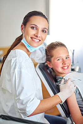 Buy stock photo Portrait, dentist and woman with tools for happy kid in medical exam, orthodontics or cleaning teeth. Face, smile and dental doctor with child for tooth care, oral health or pediatrician with mirror