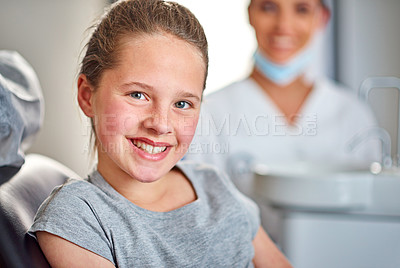 Buy stock photo Young, girl and dental chair with smile, portrait and nurse for examination, healthcare and medicine. Female child, patient and dentist for braces, filling and cleaning for dentistry, care and health