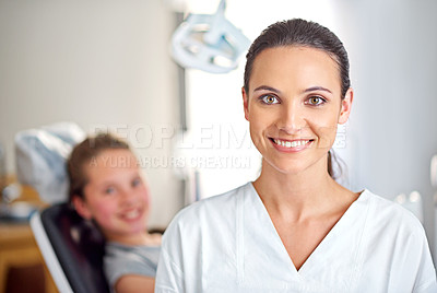 Buy stock photo Happy, woman dentist and child patient in portrait for dental checkup and consultation in clinic. Orthodontist, smile and kid in chair for oral examination, tooth whitening and gum disease prevention