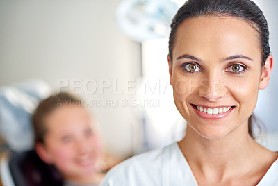 Buy stock photo Woman, portrait and dentist for oral care in office, smile and ready for consultation on hygiene. Female person, confident and orthodontist for treatment on teeth, specialist and happy for gum health