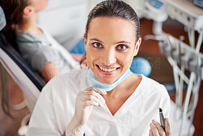 Buy stock photo Female dentist, clinic and tools in portrait with patient for medical consult on oral dental hygiene for healthy teeth. Person, doctor and visit by orthodontist, specialist and mouth for treatment