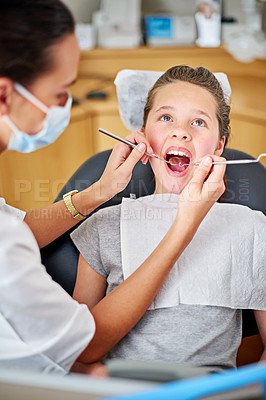 Buy stock photo Mirror, dentist and woman with kid for exam, healthcare or orthodontics for teeth in clinic. Dental hygiene, child and medical doctor with tools for patient, excavator or pediatrician cleaning mouth