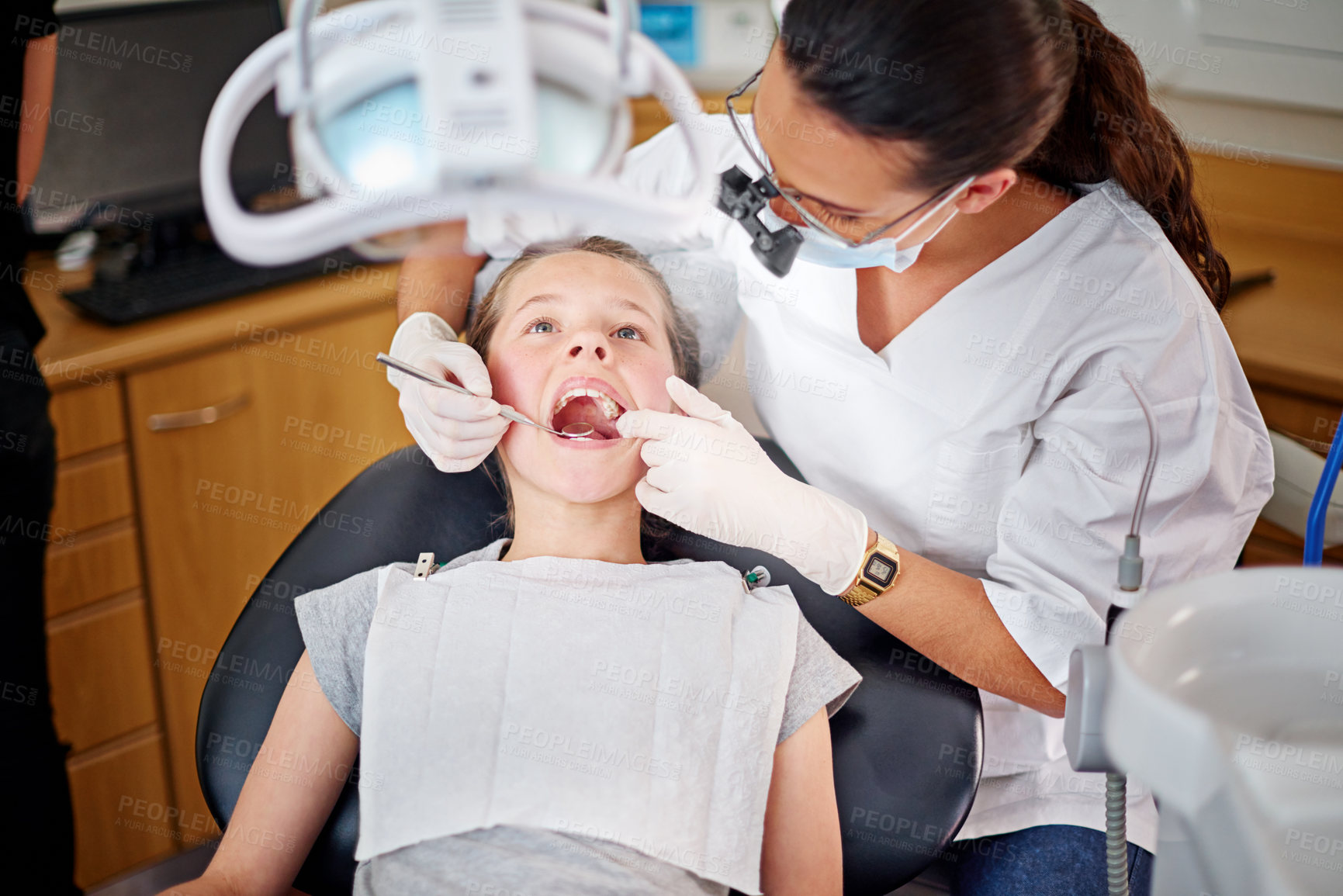Buy stock photo Female dentist, cavity and child for checkup with teeth examination for mouth hygiene with specialist in healthcare. Professional, orthodontist and equipment with oral treatment at clinic for health