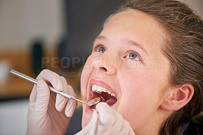 Buy stock photo Mirror, hands and dentist with kid for teeth exam, healthcare and orthodontics in clinic. Dental hygiene, child and closeup of medical doctor with tools for patient or pediatrician cleaning mouth