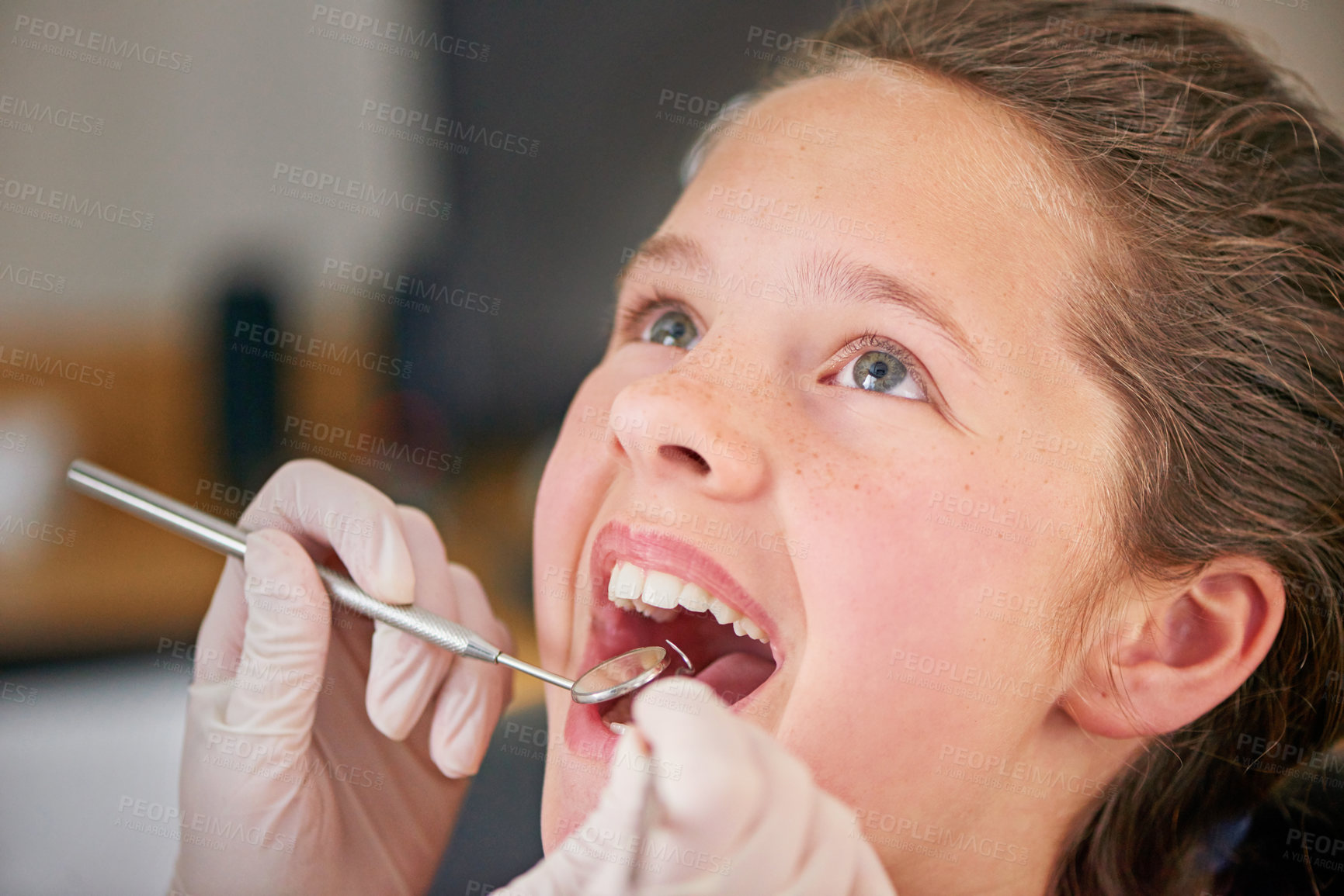 Buy stock photo Mirror, hands and dentist with kid for teeth exam, healthcare and orthodontics in clinic. Dental hygiene, child and closeup of medical doctor with tools for patient or pediatrician cleaning mouth