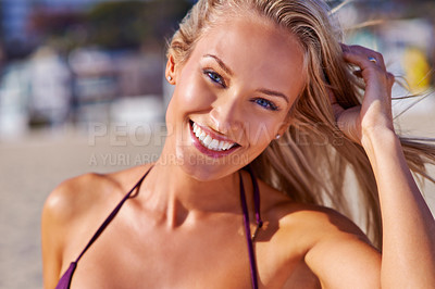 Buy stock photo Woman, portrait and beach holiday in bikini with happiness for relax confidence, sunshine or tropical island. Female person, face and travel weekend in Australia for paradise, resting or carefree