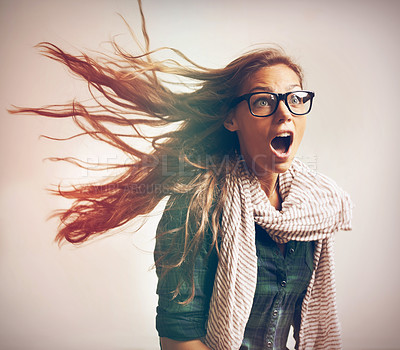 Buy stock photo Wow, surprise and woman with wind in hair at studio isolated on a white background. Shock, news and person with air blowing, excited and amazed at secret, gossip information or omg facial expression 