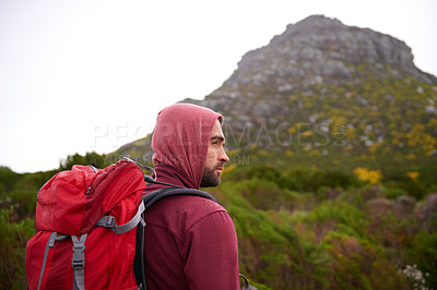 Buy stock photo Man, hiking and mountain with backpack in nature, Germany trail on wildlife conservation.  Active, male person on adventure for health and wellness, confident explorer on rocky terrain for sport