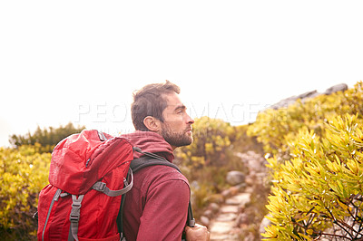 Buy stock photo Hiking, vision and man with backpack in nature, path and mountain for outdoor adventure. Male person, athlete and sport in environment for exercise, fitness and health with plants by landscape