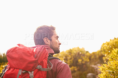 Buy stock photo Hiking, thinking and man by tree, nature and rock for outdoor adventure on mountain. Male person, athlete and sport in environment for exercise, fitness or health with backpack by plants in forest