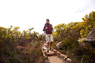 Buy stock photo Hiking, nature walk and man with backpack, travel and adventure outdoor on mountain path with plants. Journey, fitness and thinking with camping gear and bag for exercise and explorer with training