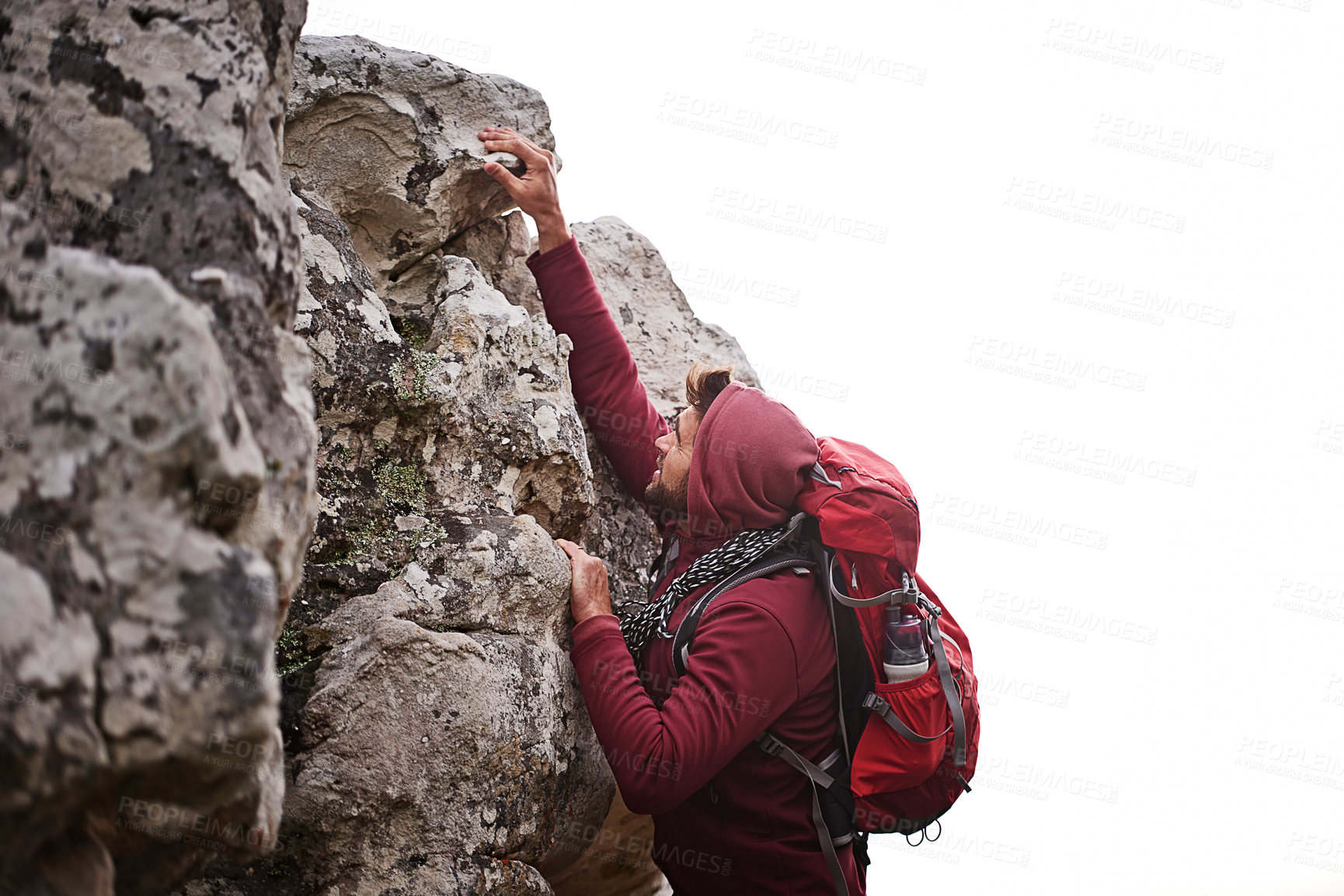 Buy stock photo Man, mountain and rock climbing in nature for fitness, wellness and exercise for training and adventure in environment. Young person with backpack and bouldering for workout and trekking in morning