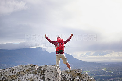 Buy stock photo Back view, mountain and man with celebration for hiking, peak and journey with success and freedom outdoor. Trekking, rock climbing and horizon with arms raised for achievement, travel and adventure