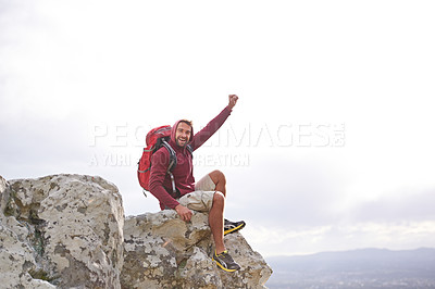 Buy stock photo Happiness, mountain and man with celebration for hiking, peak and journey with success and freedom outdoor. Trekking, rock climbing and horizon with fist pump for achievement, travel and adventure