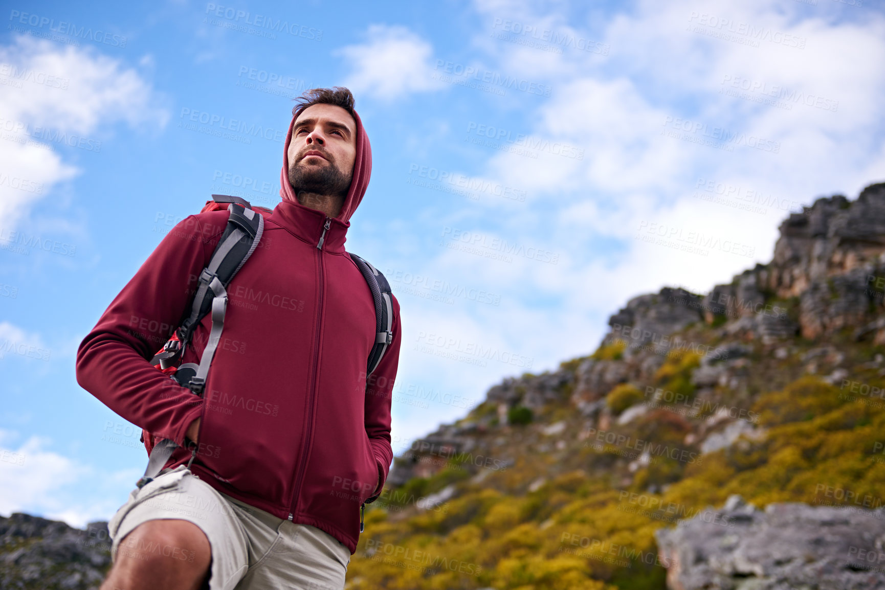 Buy stock photo Man, hiking and mountain with bag in nature, Germany trail  for conservation. Active, male person on adventure for health and wellness, confident explorer on backpacking for outdoor sport or walk