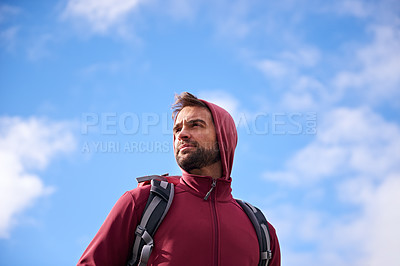 Buy stock photo Outdoor, sky and man with backpack, thinking and nature for adventure, peace and travel. Contemplation, calm and male person in trip or vacation, thoughtful and journey for holiday and break
