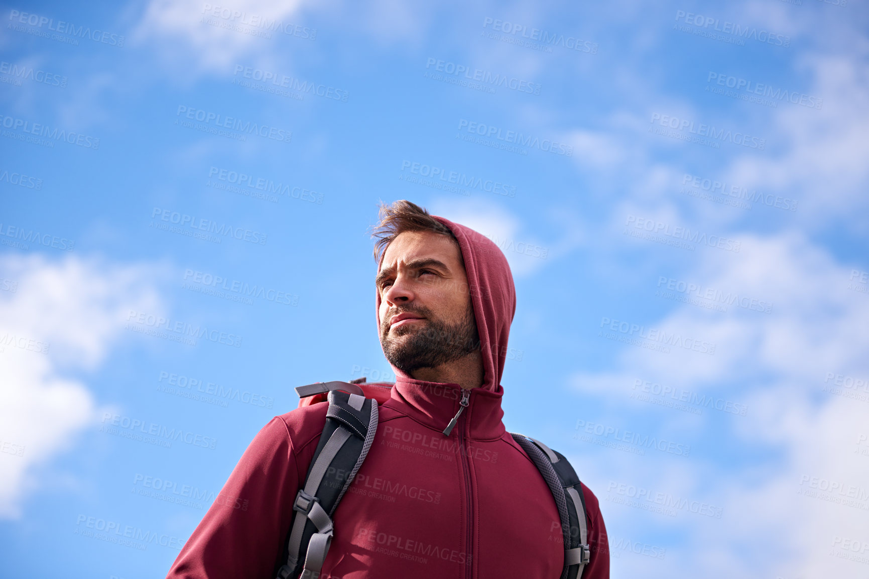 Buy stock photo Outdoor, sky and man with backpack, thinking and nature for adventure, peace and travel. Contemplation, calm and male person in trip or vacation, thoughtful and journey for holiday and break