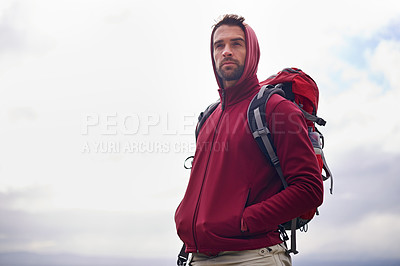Buy stock photo Sky, thinking and man with backpack, camping or hiking in nature for adventure and peace. Contemplation, vacation and male person in trip, thoughtful and journey for holiday and outdoor for relax
