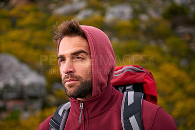Buy stock photo Man, mountain and hiking in nature for fitness, wellness and exercise for training and adventure in environment. Young person with backpack in outdoor for workout and trekking in morning for travel