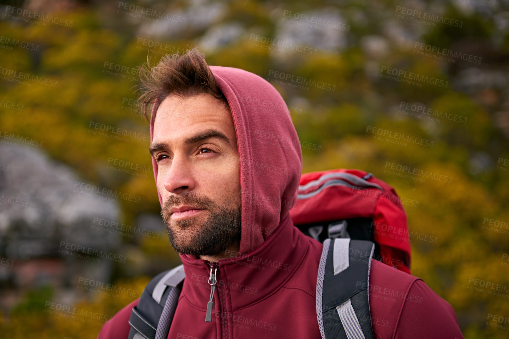 Buy stock photo Man, mountain and hiking in nature for fitness, wellness and exercise for training and adventure in environment. Young person with backpack in outdoor for workout and trekking in morning for travel