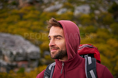 Buy stock photo Man, view and thinking with travel and hiking for fitness, fresh air and backpacking with smile outdoor. Calm, peace and wellness in nature, trekking and adventure for exploring with mindfulness
