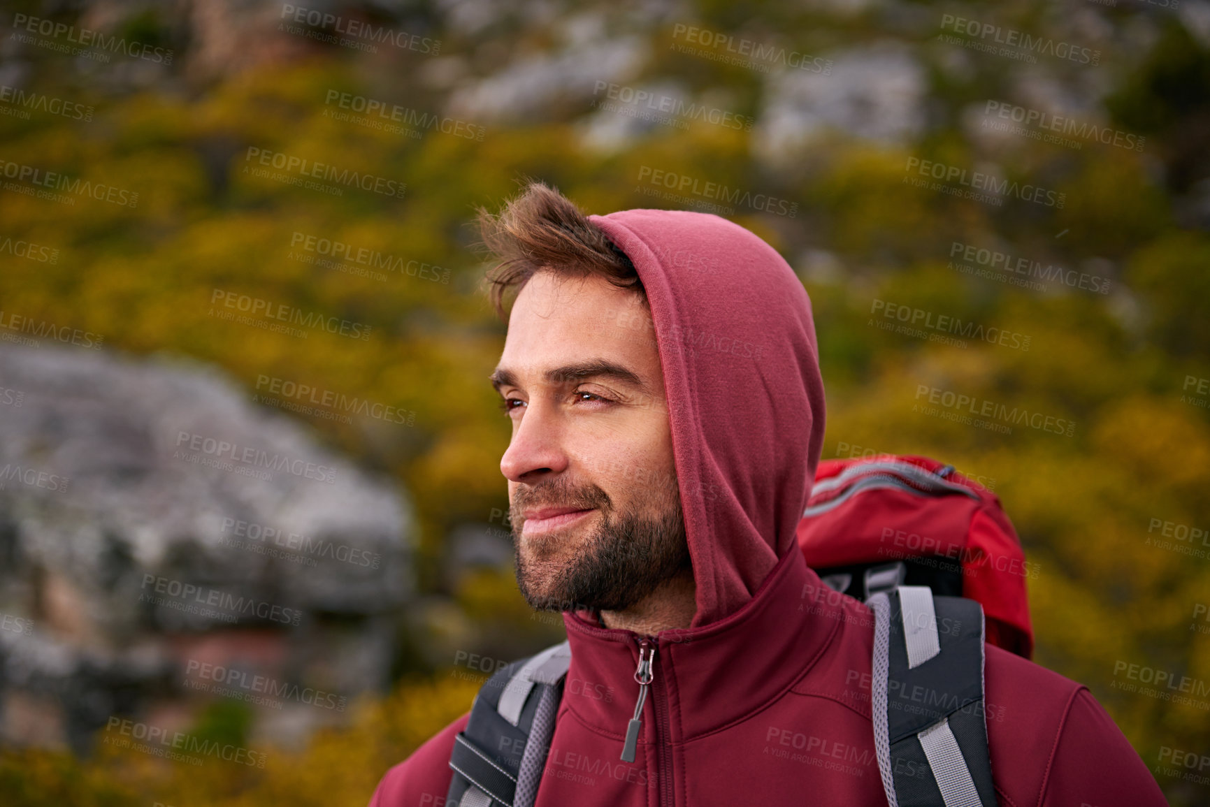 Buy stock photo Man, view and thinking with travel and hiking for fitness, fresh air and backpacking with smile outdoor. Calm, peace and wellness in nature, trekking and adventure for exploring with mindfulness