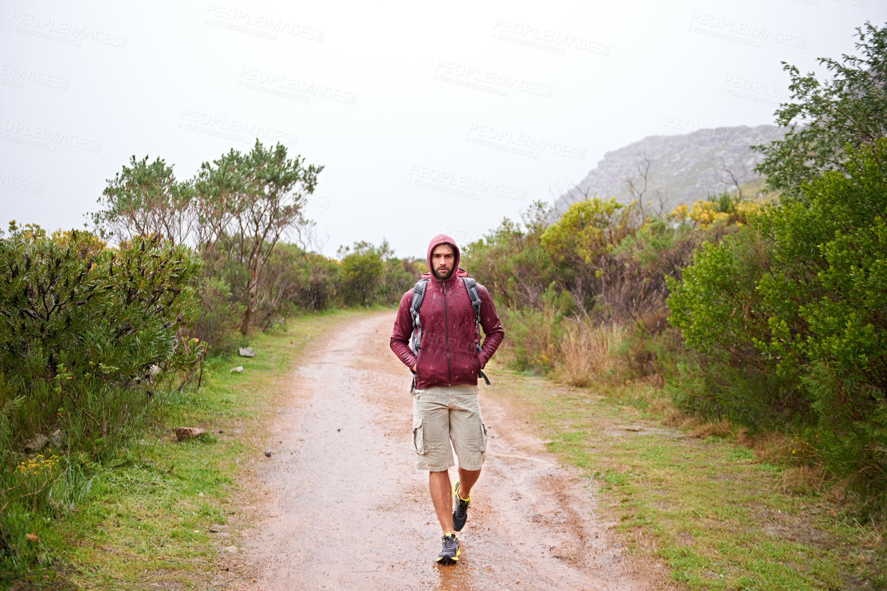 Buy stock photo Man, walking and mountain with fitness in nature, Germany trail on wildlife conservation. Active, male person on adventure for health and wellness, confident explorer on backpacking for outdoor sport