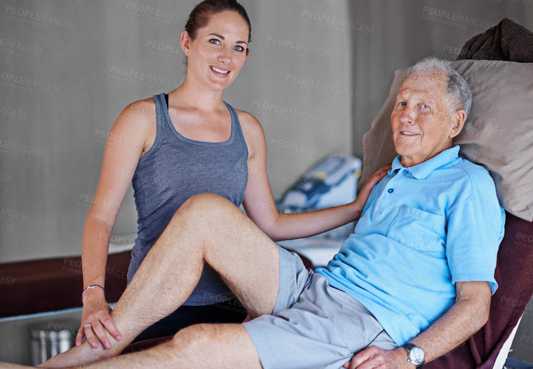 Buy stock photo Happy woman, portrait and physiotherapist with senior patient in elderly care, support or health at clinic. Female person, chiropractor and mature man with smile for checkup or wellness at hospital