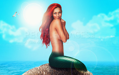 Buy stock photo Mermaid, sea and rock with beauty, portrait and smile for fantasy, fairytale and mythical in ocean. Aquatic, female creature, mystical and siren in mythological, dream and magical for folklore