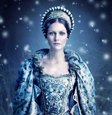 Buy stock photo Portrait of a evil-looking queen with snow falling around her