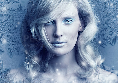 Buy stock photo Conceptual shot of a beautiful young woman frozen in ice