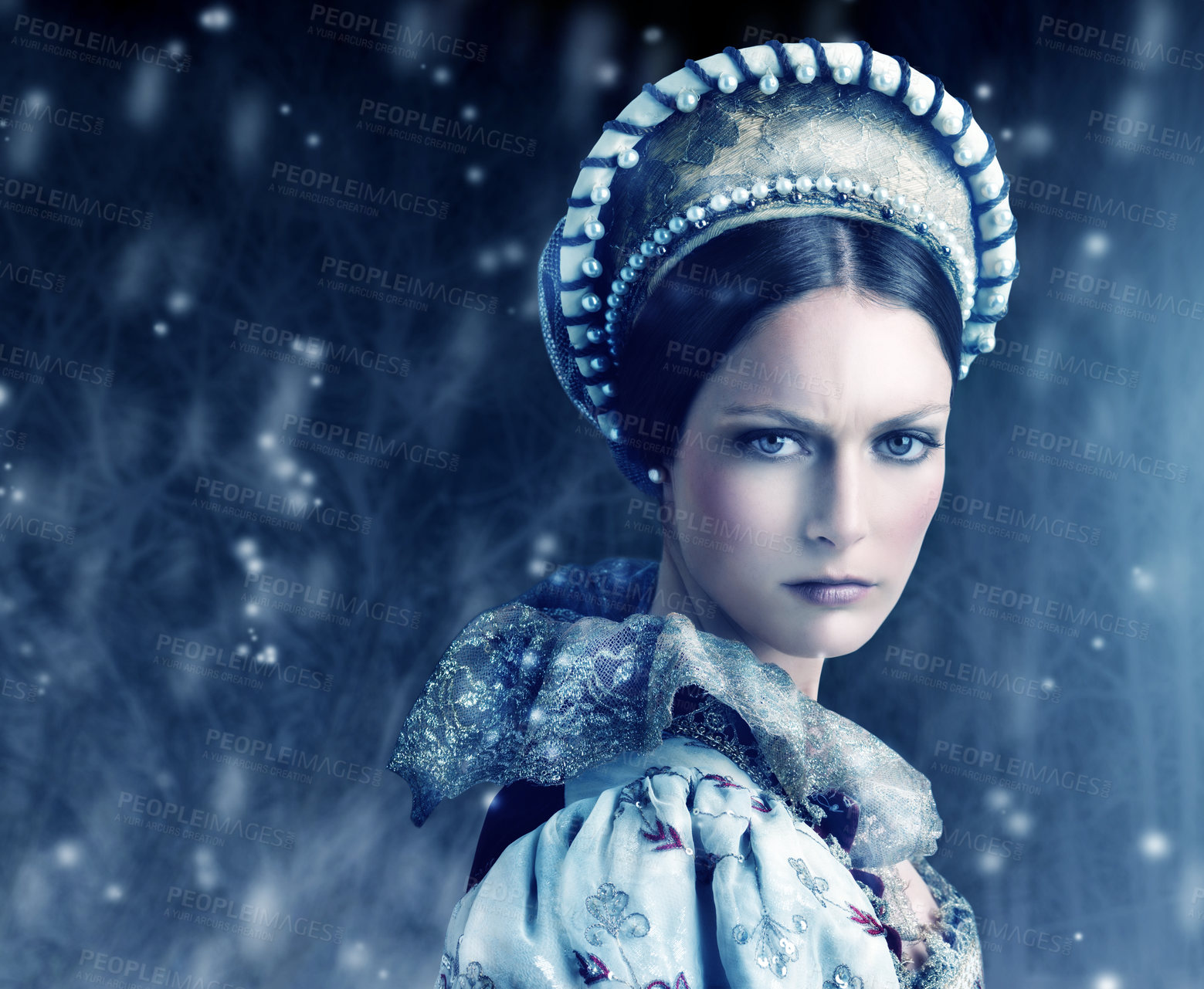 Buy stock photo Portrait of a evil-looking queen with snow falling around her