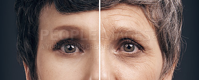 Buy stock photo Portrait, before after and woman in studio background for skincare, wrinkles and anti aging care. Female person, eyes and different closeup for comparison, young and old for skin change with cosmetic