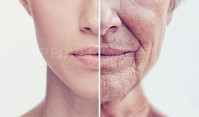 Buy stock photo Comparison, old and young women faces in studio for skincare, wrinkles and anti aging care. Face, mouth and half closeup of different ladies with youth, fine lines or cosmetic results for skin change