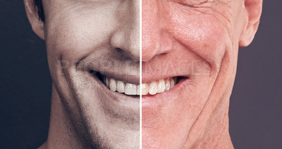 Buy stock photo Before after, person and face in studio background for skincare, wrinkles and anti aging care. Happy man, cheek and different closeup for comparison, transition of skin transformation or change