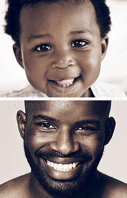 Buy stock photo Collage, portrait or black man in past, memory or history as smile, comparison or passage of time. Guy, child or montage as age, nostalgia or happiness to remember, growth or progress of change