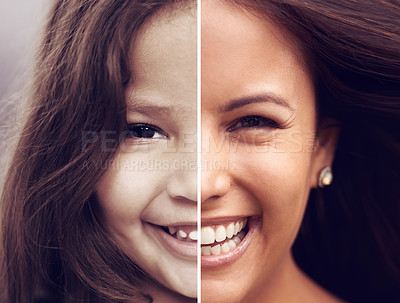 Buy stock photo Composite image of a woman now and as a child