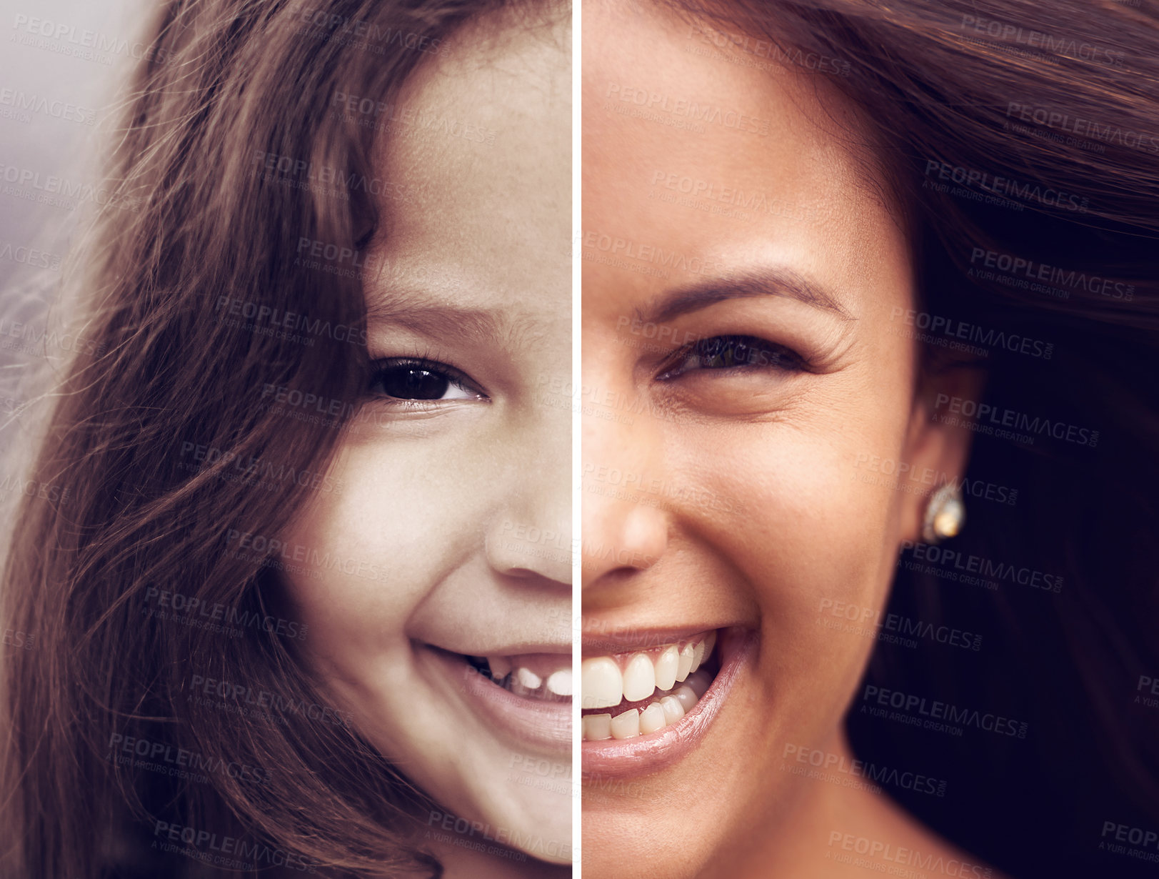 Buy stock photo Composite image of a woman now and as a child