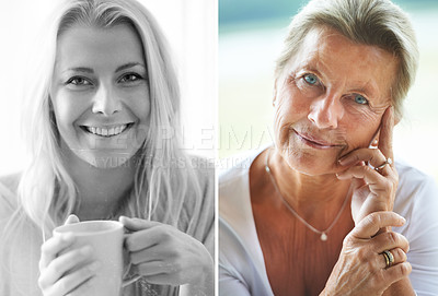 Buy stock photo Split screen, woman and elderly lady for time and change for future, aging and mature for retirement on portrait. Young person, senior citizen and smile for memories, happy and comparison for youth 