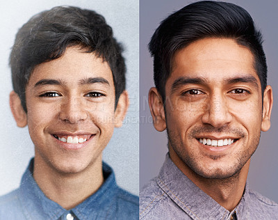 Buy stock photo A then and now image of a young boy and his adult self