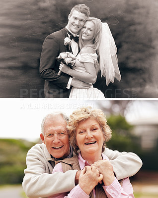 Buy stock photo Happy couple, nostalgia and memory to remember, man and women with commitment in marriage. Comparison, married people and love with affection in relationship, before after wedding in collage