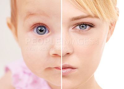 Buy stock photo Split screen, baby and woman for time, change and growth for comparison, toddler and adult for future. Child, lady and portrait for growing up, kids and nostalgia for past and contrast for youth   
